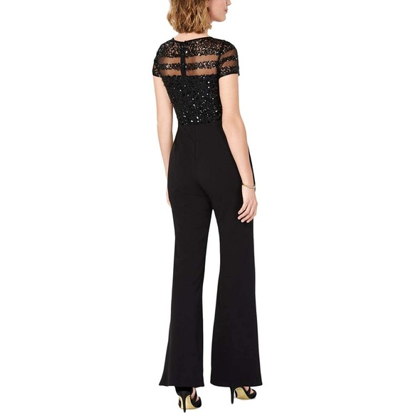 NWT Adrianna Papell Black Short Sleeve Illusion Sequin Bodice Jumpsuit Size 4 - Picture 6 of 12